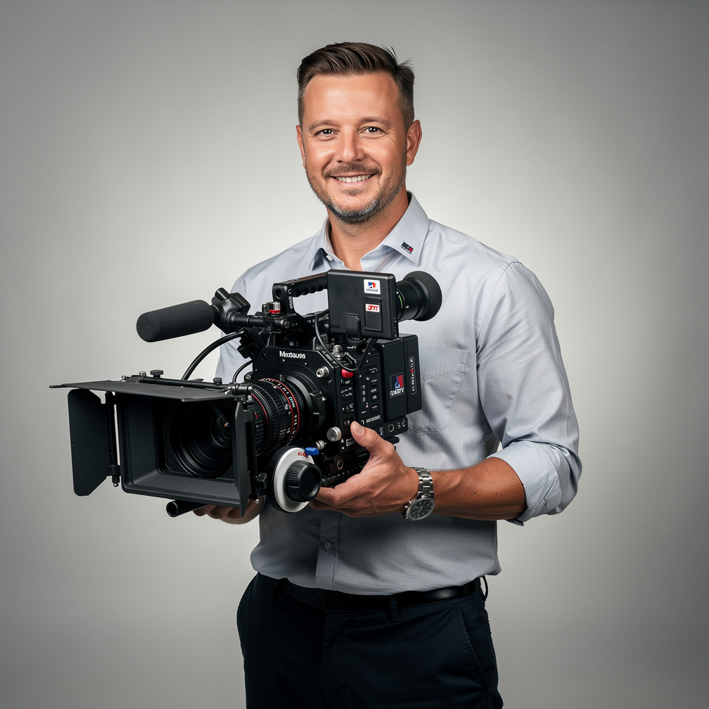 Belgian chief camera operator holding a professional camera