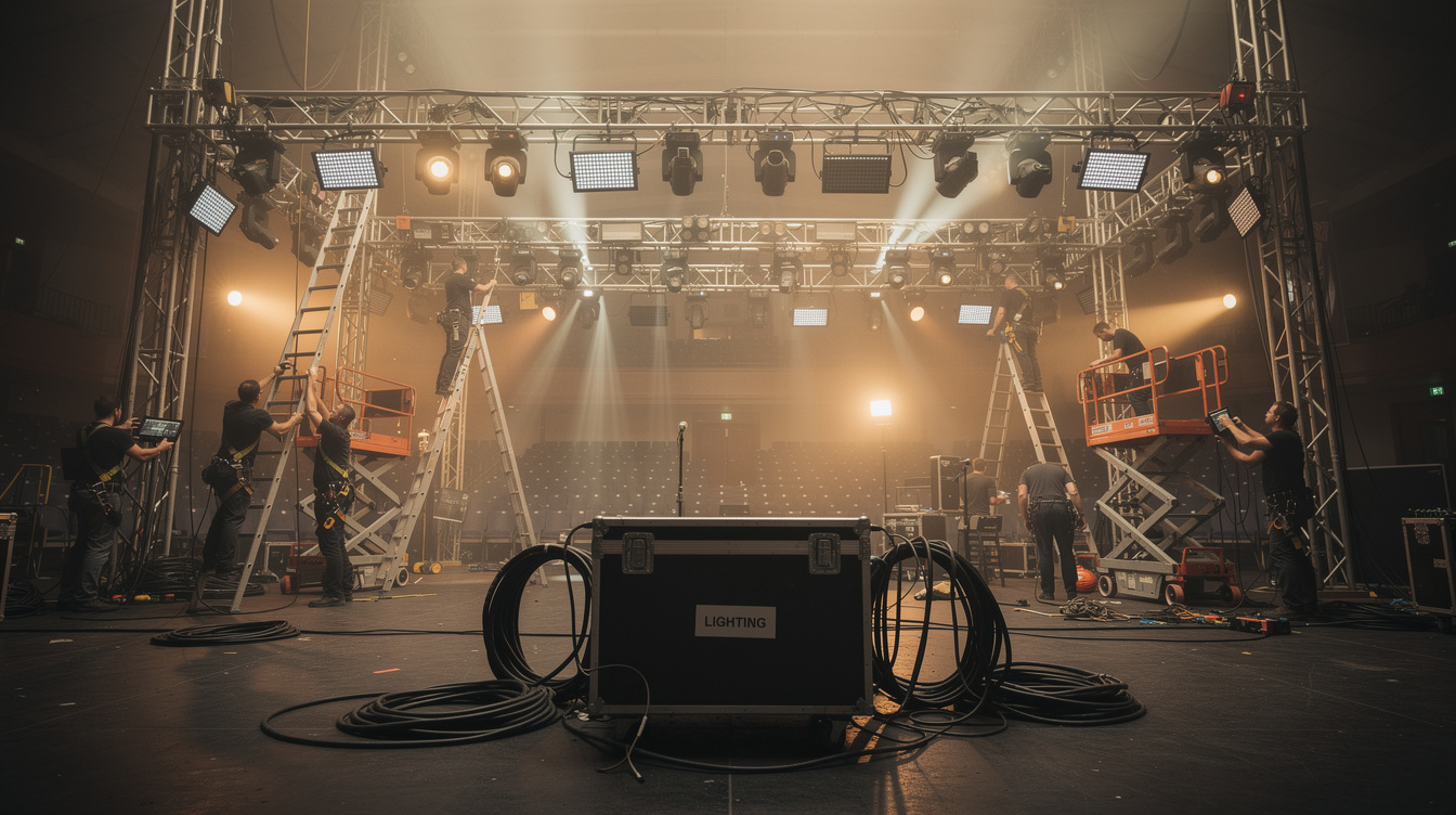 Technicians setting up stage lighting rig before a show