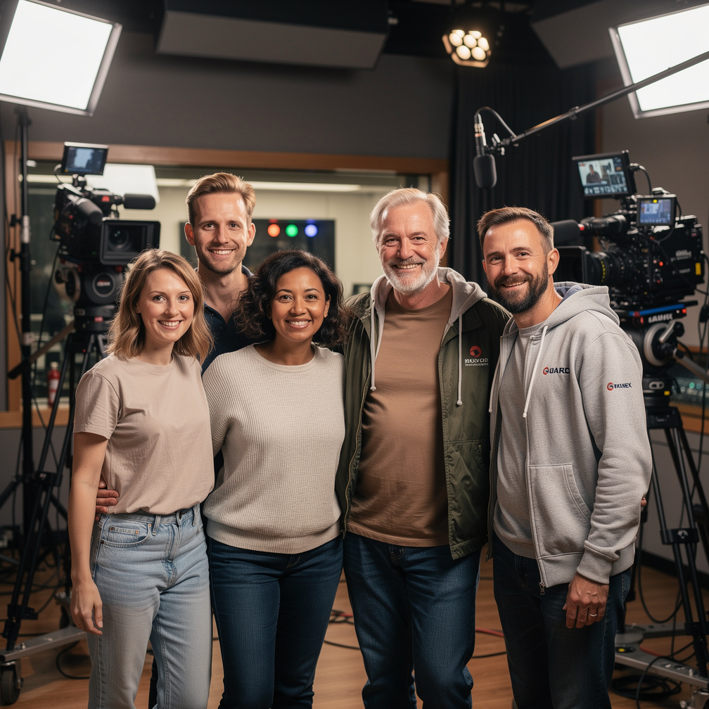 Production team of five standing together in a television studio