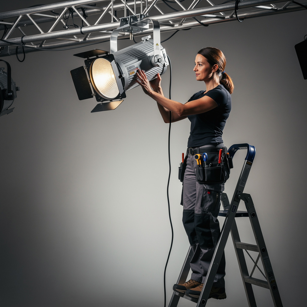 Belgian woman lighting technician adjusting a stage spotlight