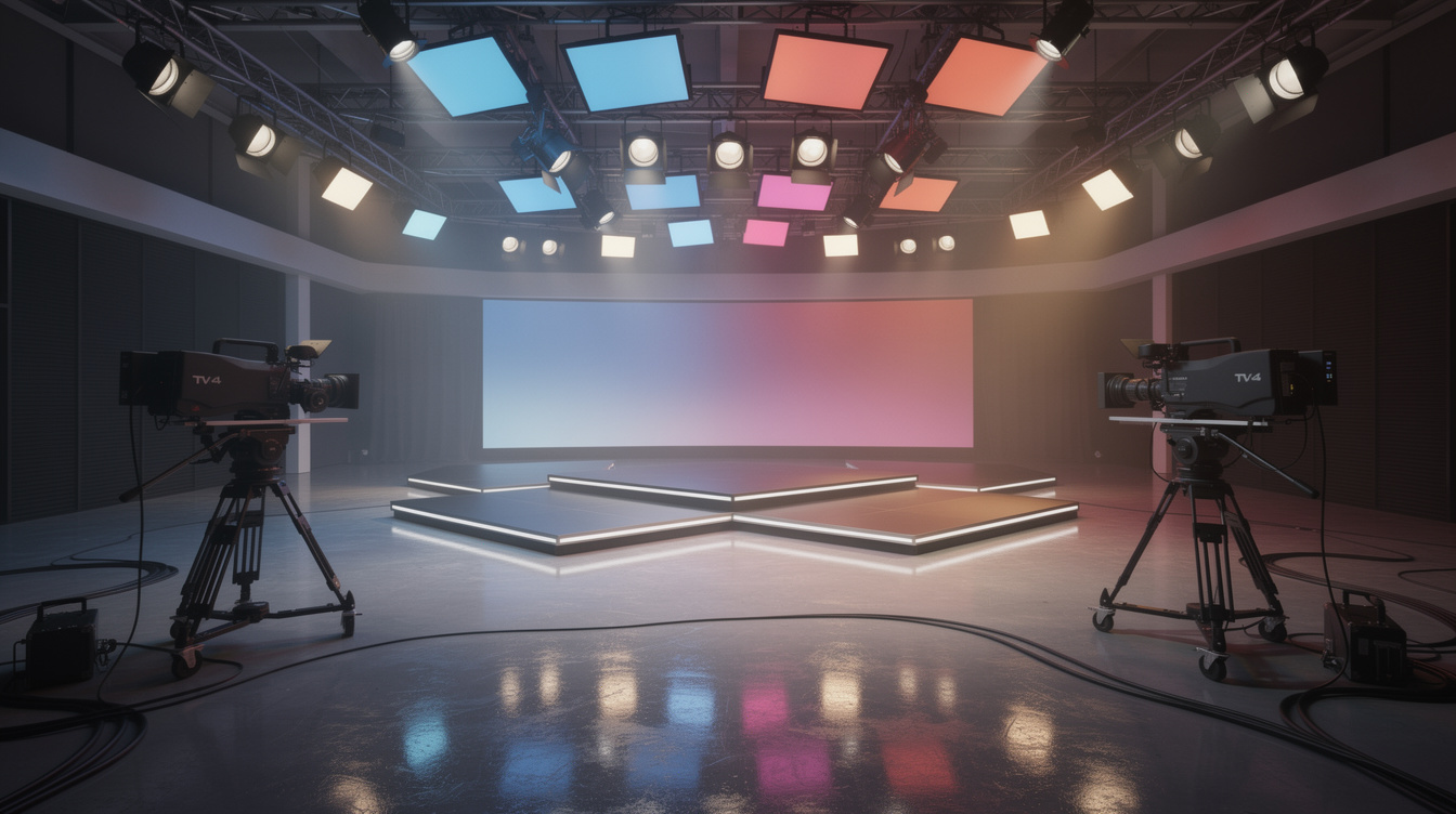 Television studio stage with dramatic colorful lighting rig