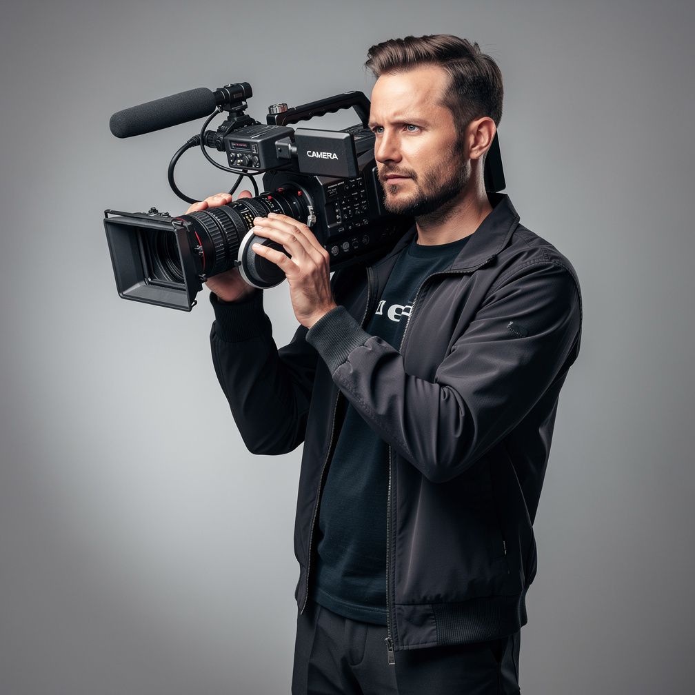 Belgian camera operator filming with a professional broadcast camera