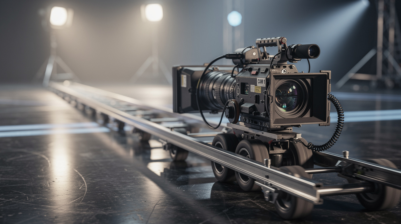 Professional camera mounted on a dolly track in a TV studio
