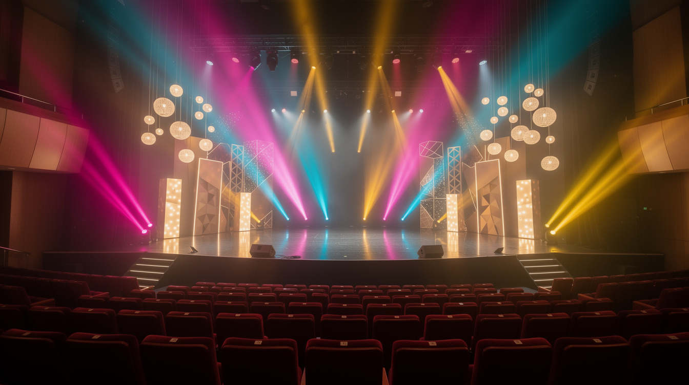 Live entertainment show stage with colorful lights and audience seating