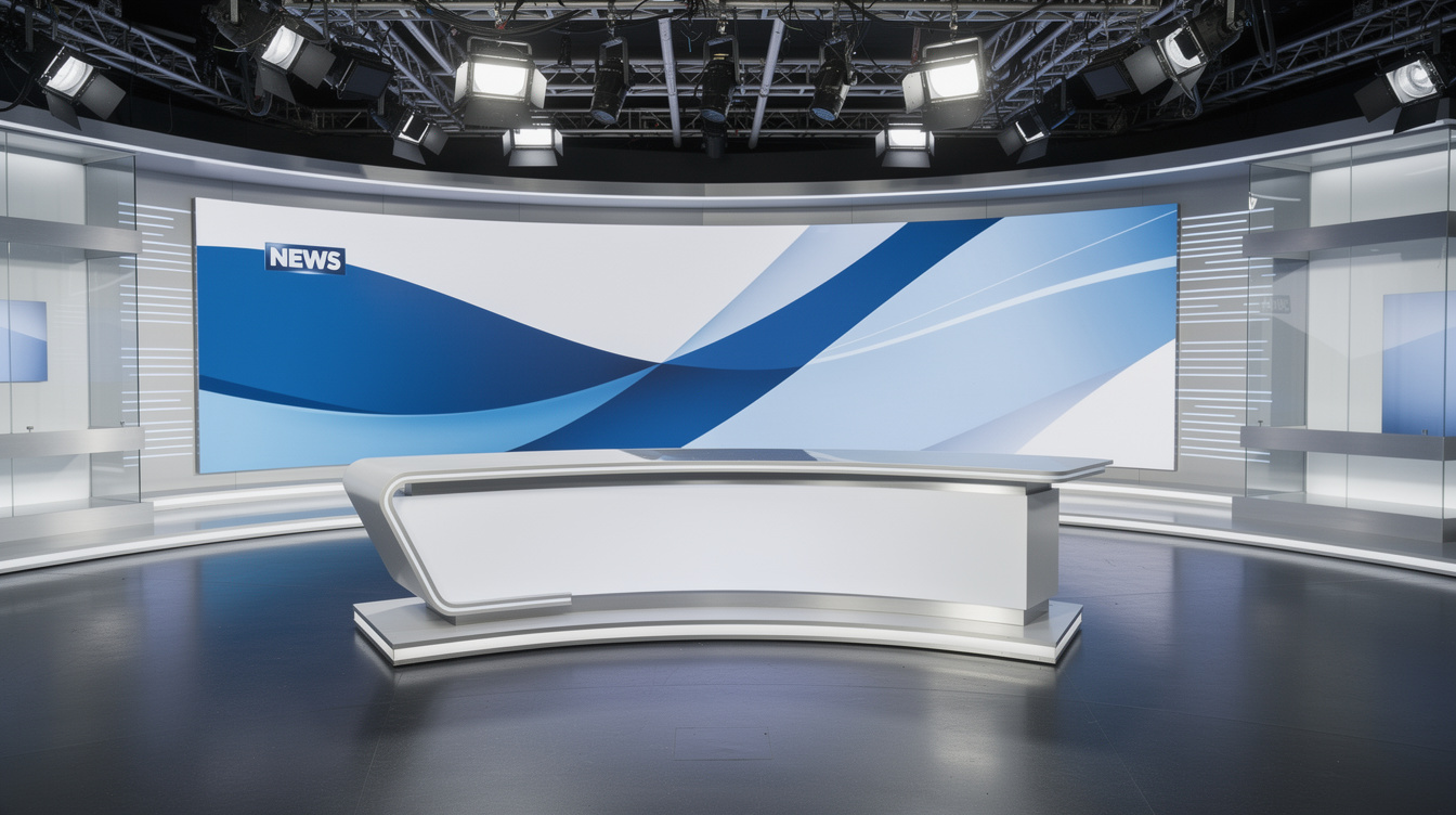 Modern empty television studio set with anchor desk and screens