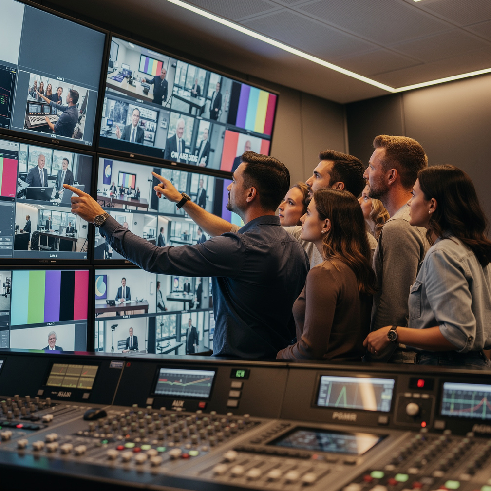 Diverse production team reviewing screens in a control room
