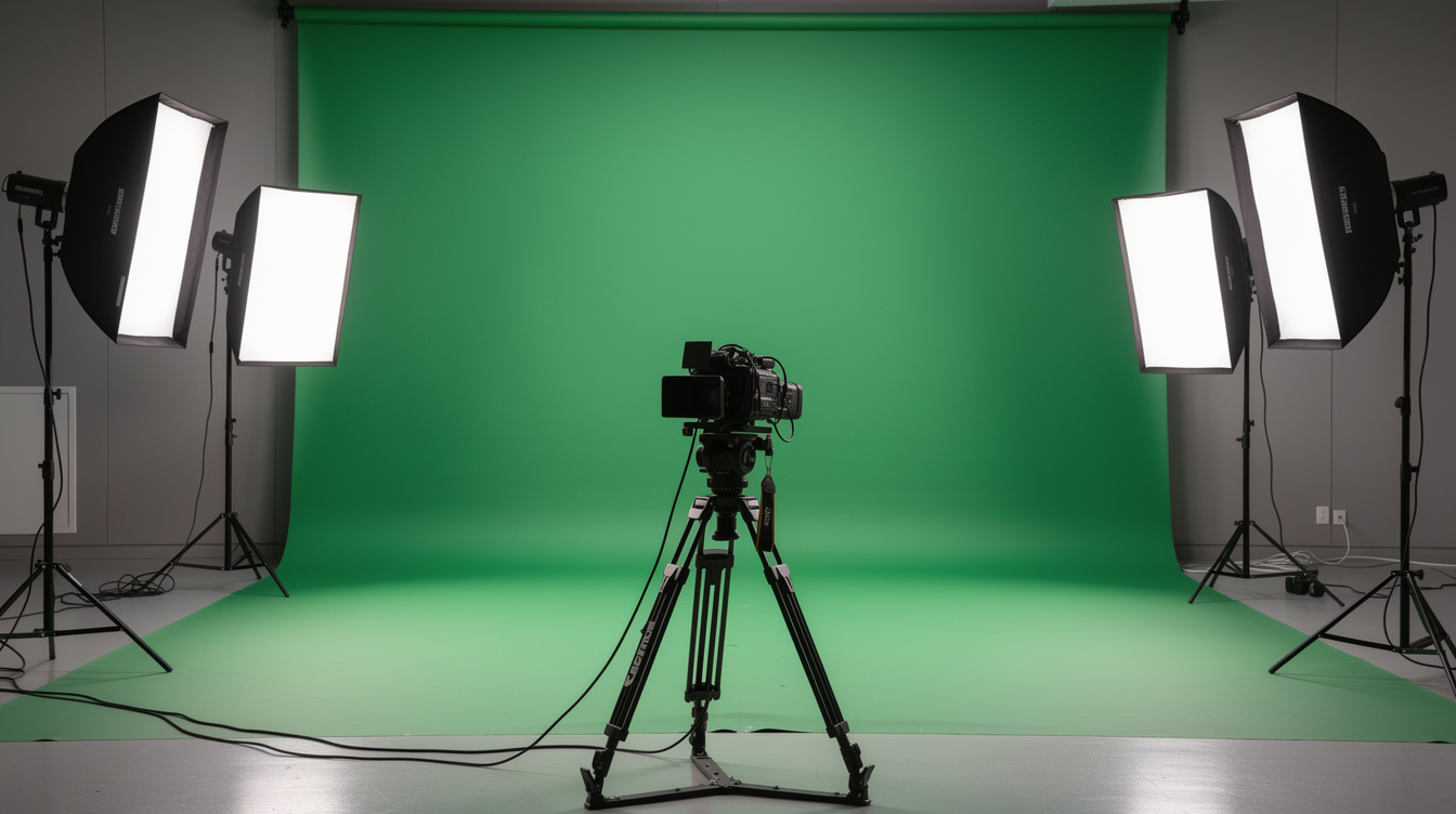 Green screen studio setup with lighting stands and camera