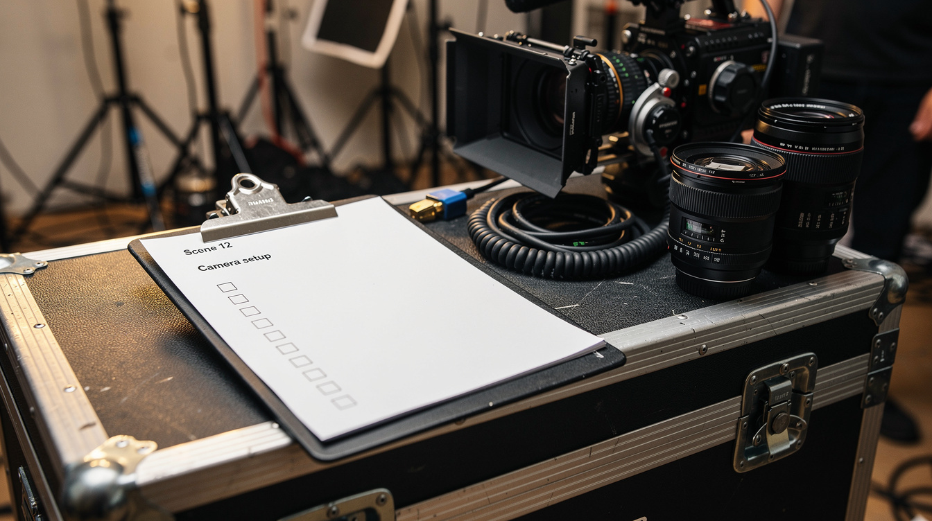 Clipboard checklist on a production set with camera equipment
