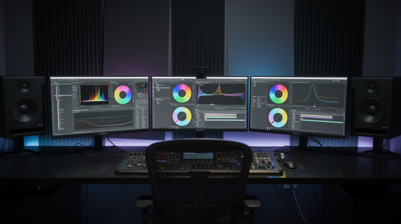 Video editing suite with monitors displaying color grading software